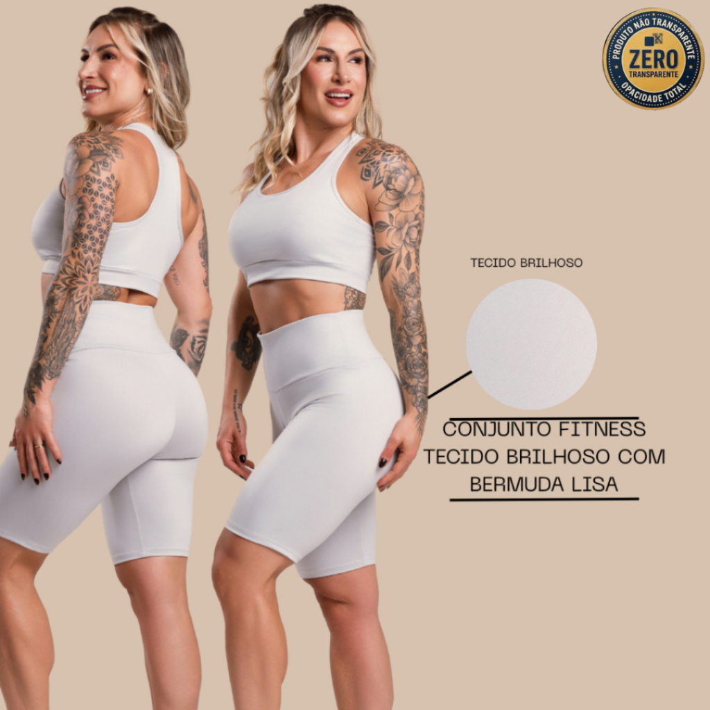 Conjunto Fitness Feminino Brilhoso Academia Top Nadador e Bermuda Lisa Ciclista Cintura Alta ZERO TRANSPARÊNCIA