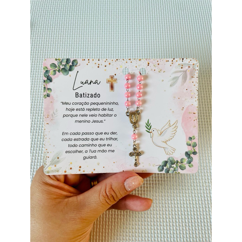Kit 25/30/40/50 Cartões Lembrancinha Batizado Personalizado para Mini Terço | Batismo, Crisma e Eucaristia