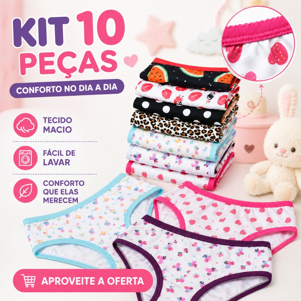 10 Calcinhas Infantil Menina 100 % Algodão  Confortáveis Forro de Algodão Dia a Dia Promoção