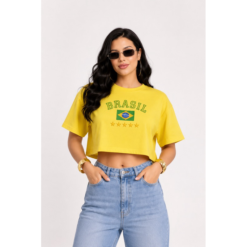 Camiseta Cropped Brasil Bandeira Feminino Copa do Mundo Estampa Bandeira 100% Algodão