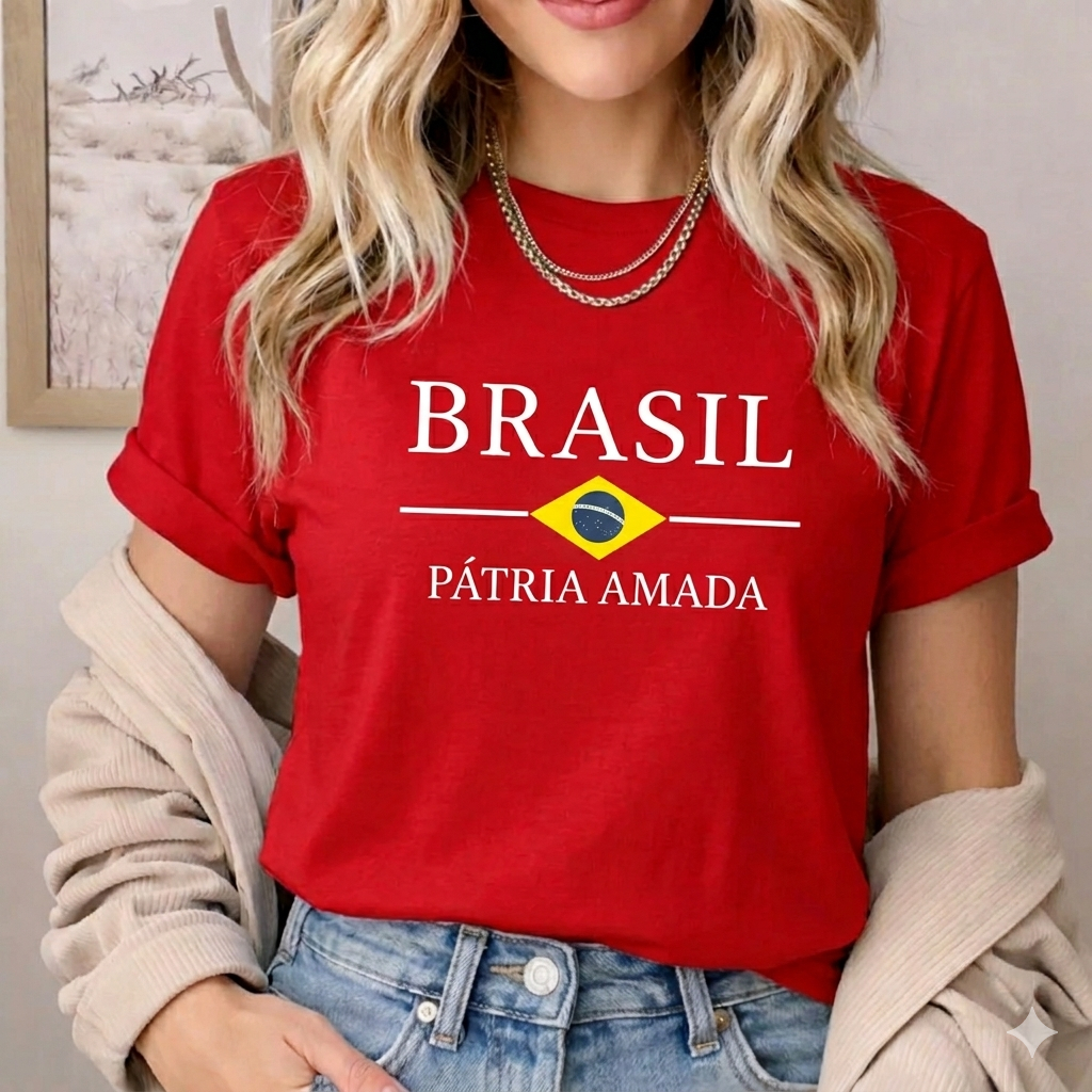 Camisa Feminina Brasil Camiseta Gola Redonda 100% Algodão Tshirt Básica Jogos Futebol Envio Imediato