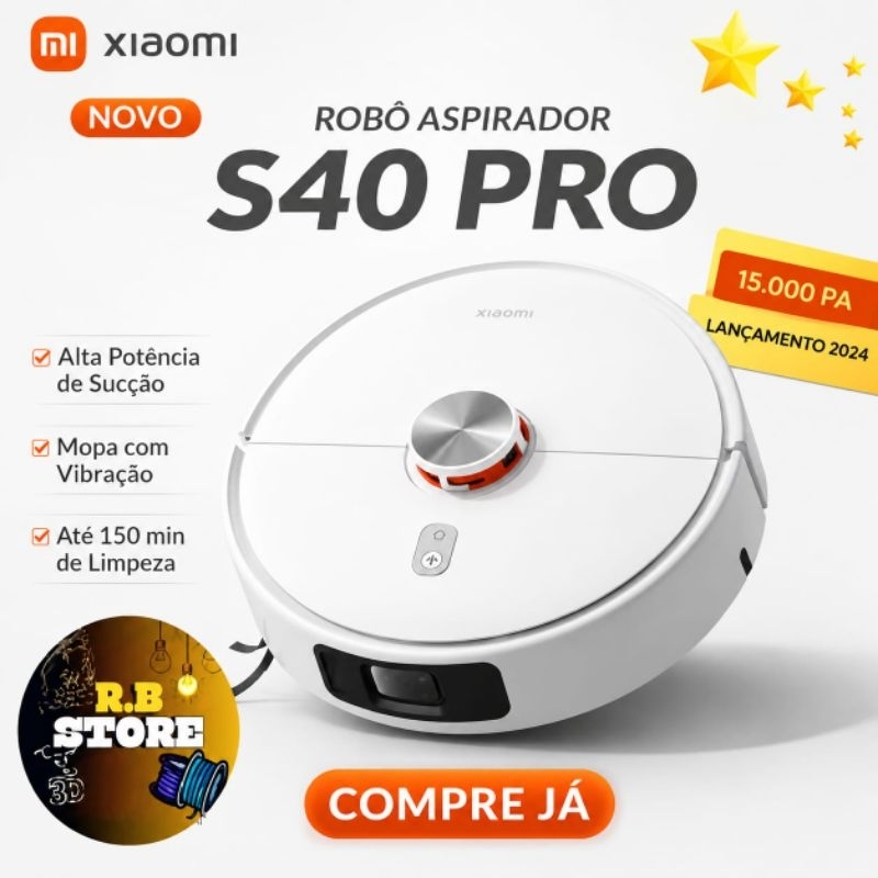 Robô Aspirador Xiaomi S40 Pro 15000Pa Original Aspira e Passa Pano Mapeamento Inteligente Wi-Fi