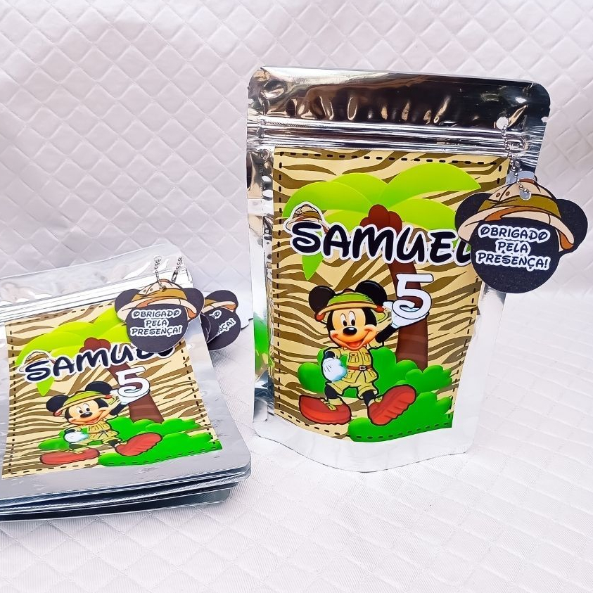 Saquinho Metalizado Zip Lock 10x15 ou 12x19 cm personalizado para lembrancinha aniversário MICKEY SAFARI