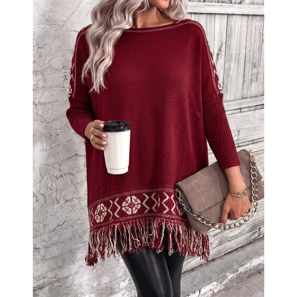 Blusa Poncho Feminino Tricot Franjas Manga Longa Soltinho Inverno