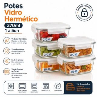 Potes Vidro Hermético 370ml 1 a 5un Mantimentos Marmita Armazenamento Alimentos Comida Re…
