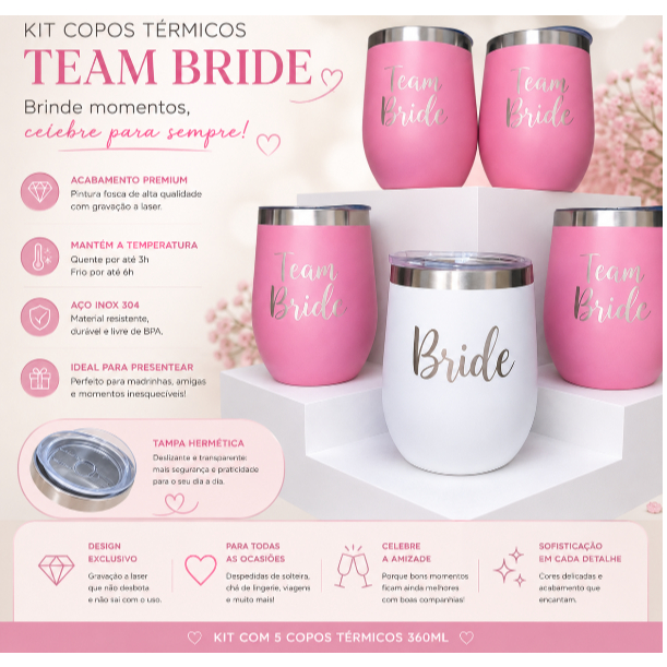Kit 5 Copos Cuia Térmico Bride e Team Bride Cuia Oval Térmico 360ml Padrinho Madrinha Casamento Despedida de Solteira