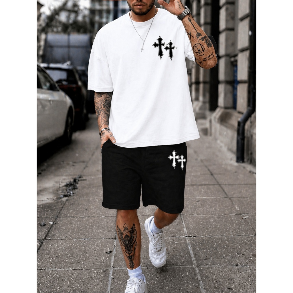 Conjunto Masculino Camiseta Oversized 100% Algodão + Short Moletinho Estampa Cruz Casual Streetwear