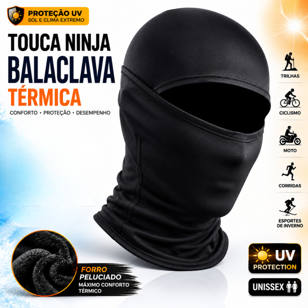 Touca Ninja Balaclava Térmica Unissex Com Forro Peluciado Proteção UV Moto Frio Motoboy Elastano