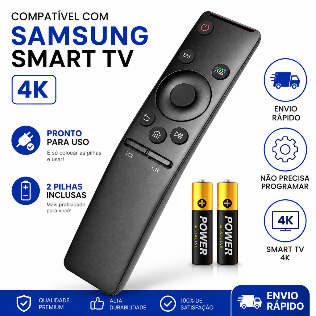 Controle Remoto Compatível Samsung Smart TV 4K LED LCD Linhas K KU MU NU RU Com 2 Pilhas AA