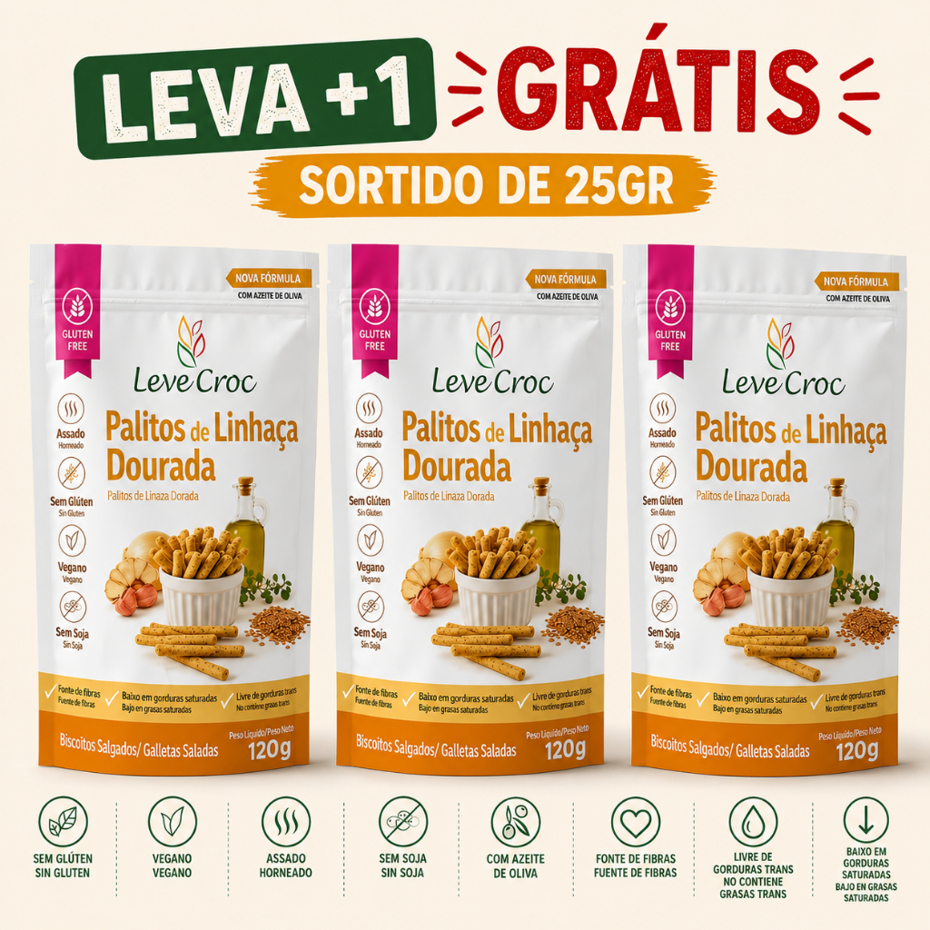 Kit com 3 Biscoito Palitos Salgados S/Glúten Sabores Leve Croc 120g Leva + 1 de 25gr Grátis Sortido