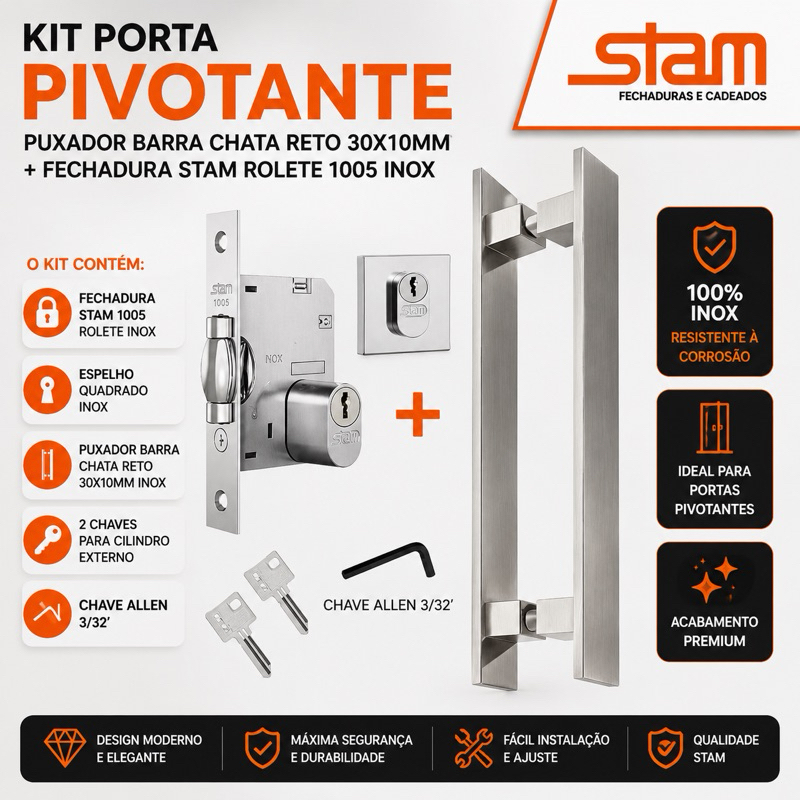 Kit Porta Pivotante Puxador Barra Chata Reto 30X10MM + Fechadura Stam Rolete Stam 1005 Inox