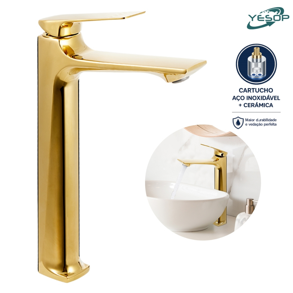 Torneira Banheiro Monocomando Bica Alta Inox 304 Luxo Dourada Dourado 30cm Quente e Frio Yesop