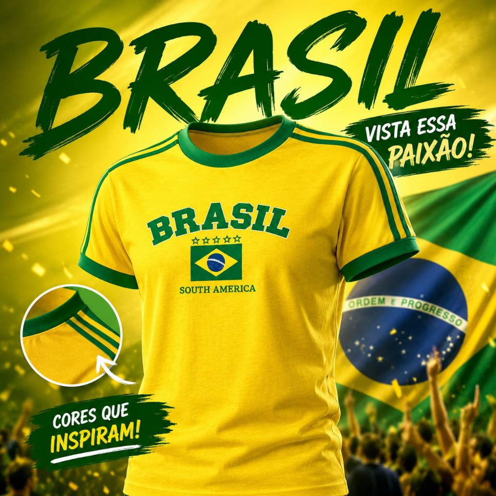 Camiseta Feminina Bandeira do Brasil em Algodão Camisa Amarela Torcida Seleção Brasileira Casual