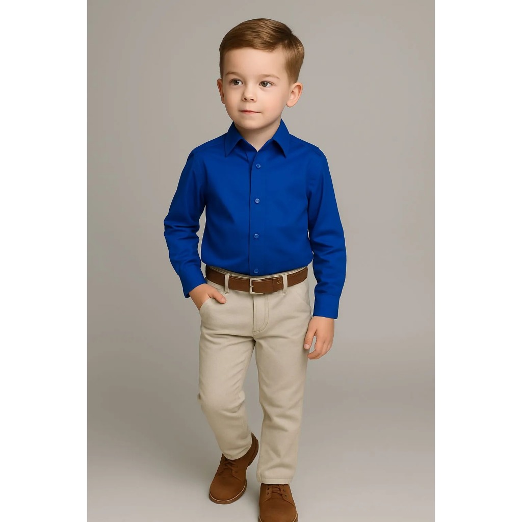 Calça Jeans Nude com Camisa Social Azul Royal Manga Longa Infantil