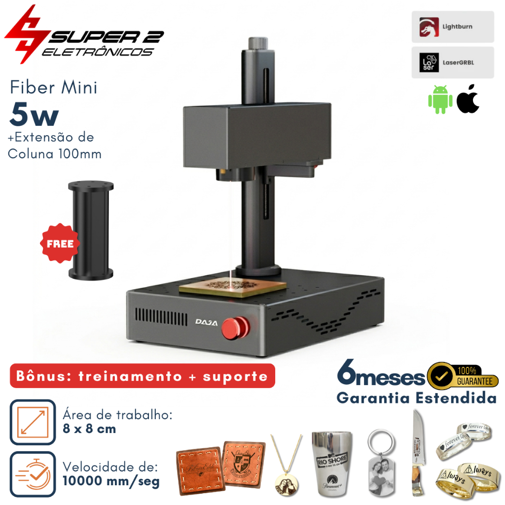 Máquina de Gravação a Laser Fiber Fibra mini 5W Metais e Couros 80mmx80mm + Suporte e Treinamento