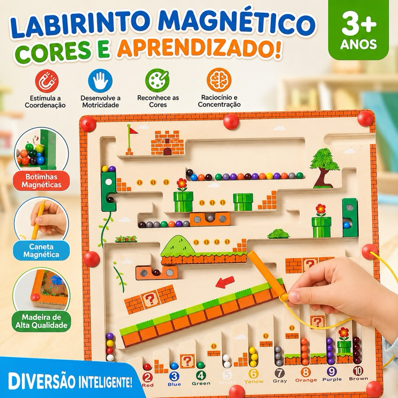 Labirinto Magnético Infantil com Caneta Imã – Brinquedo Educativo Montessori, Desenvolve Coordenação e Concentração