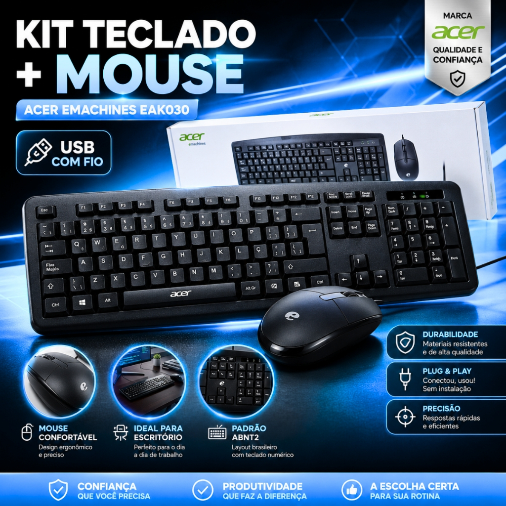 Kit Mouse e Teclado Para Escritório Notebook Office Trabalho Português Brasil Abnt2 Acer EAK030