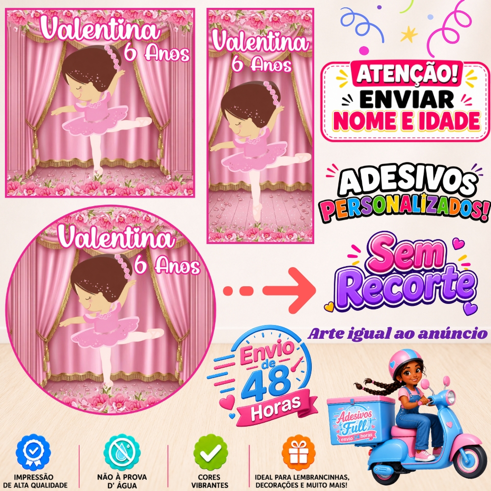 Bailarina - 100/60/40 Adesivos Personalizados Lembrancinhas Festa Aniversário