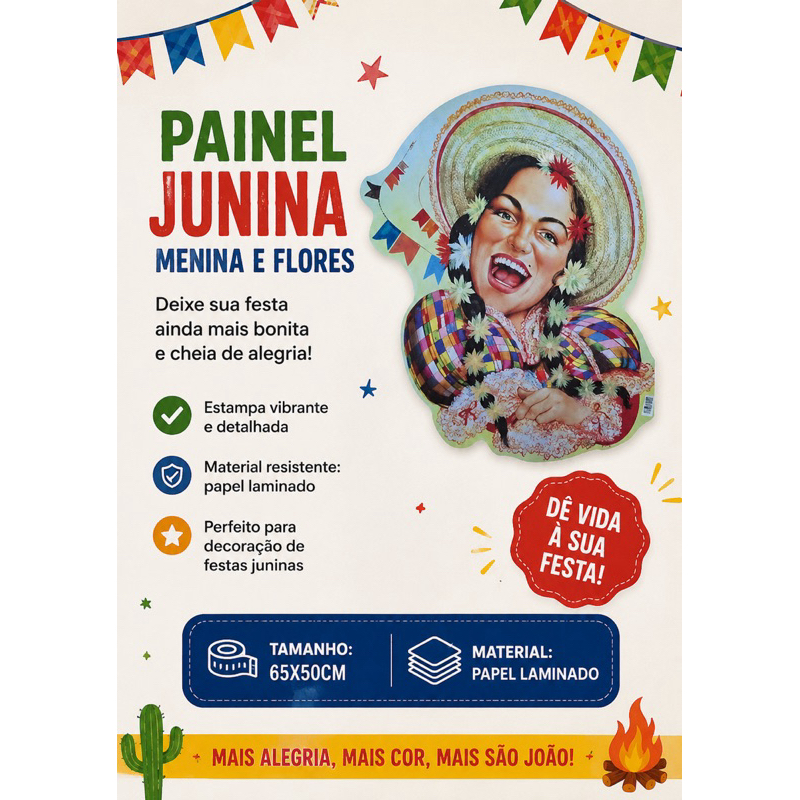 Painel Junino | Menina E Flores | Tamanho: 65x50cm | Material: Papel Laminado Grosso | Decoração Festa Junina, São João