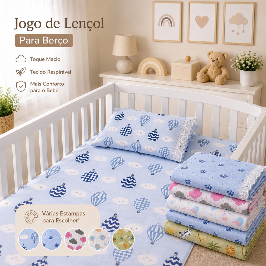 Lençol para Berço Americano ou Mini Berço com Elástico e Fronha com Lasie 100% Algodão