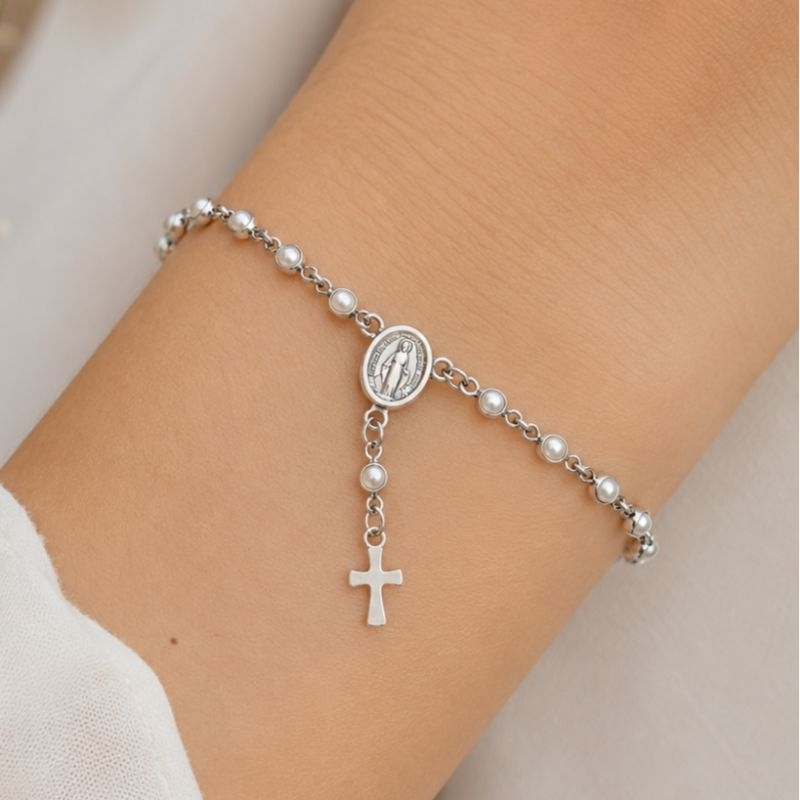 Pulseira Feminina Terço Prata Pérola NÃO ESCURECE Delicada Nossa Senhora das Graças Religiosa Denário