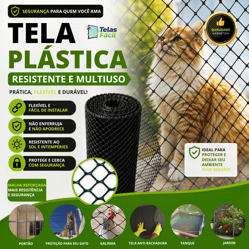 Tela Plástica Multiuso Para Gato Portão Galinheiro Pinteiro Viveiro 5 - 10 - 15 Metros Reforçado