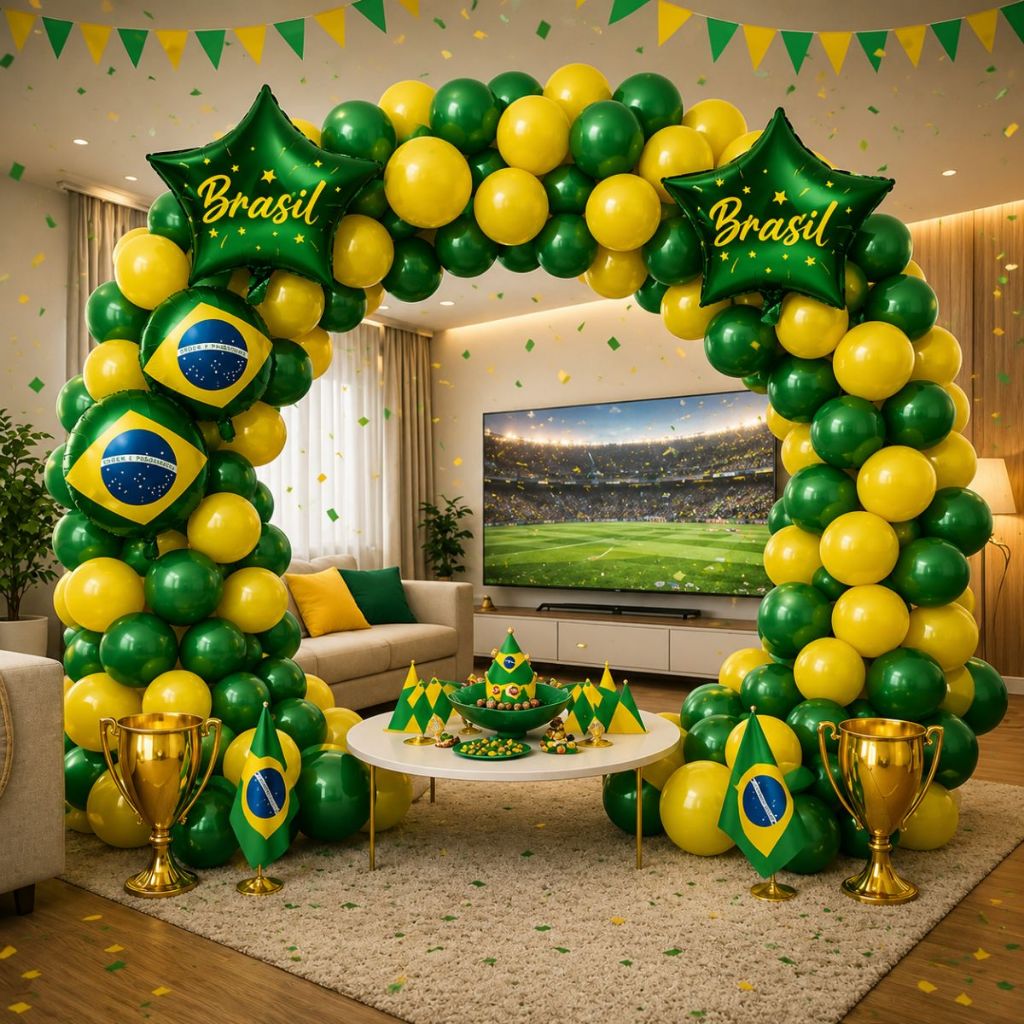 Kit 65 Balões Temático Para Copa Do Mundo 2026 Bexiga Estrela Brasil Arco Desconstruído+Fita