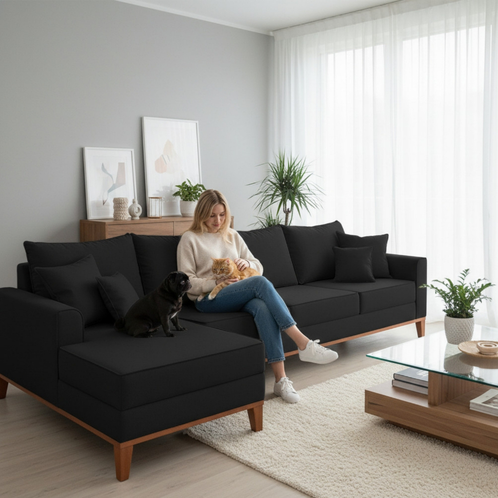 Sofá 4 Lugares Beny com Chaise Esquerdo Linho Preto