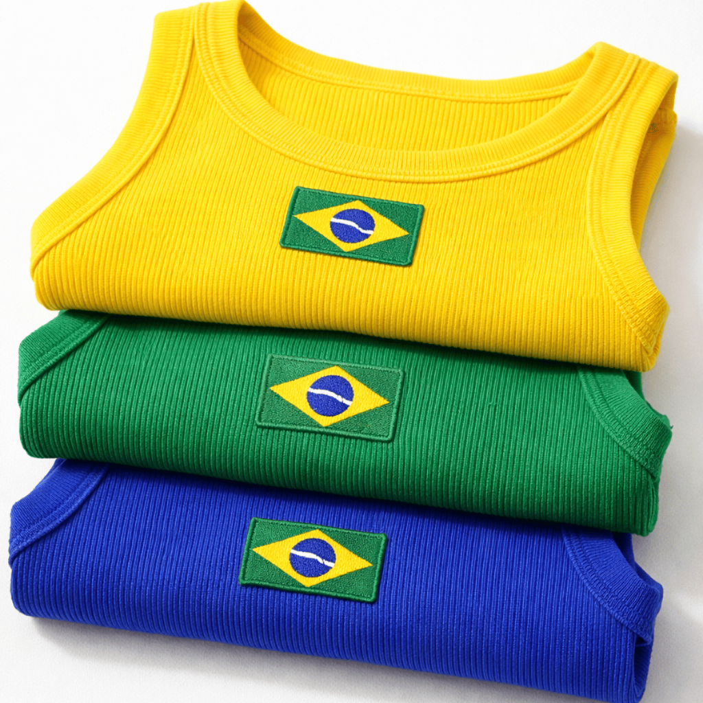 Regata Feminina Ribana Blusa do Brasil Bordado Estilo Gringa Copa Do Mundo 2026 Canelada Algodão Premium