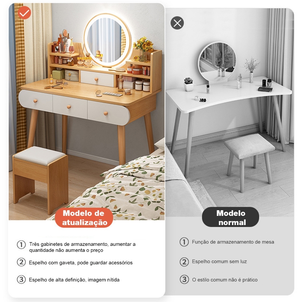 Penteadeira de quarto com 4 gavetas Mesa de maquiagem multifuncional LED Cor da madeira Yesop — imagem 2 de 2