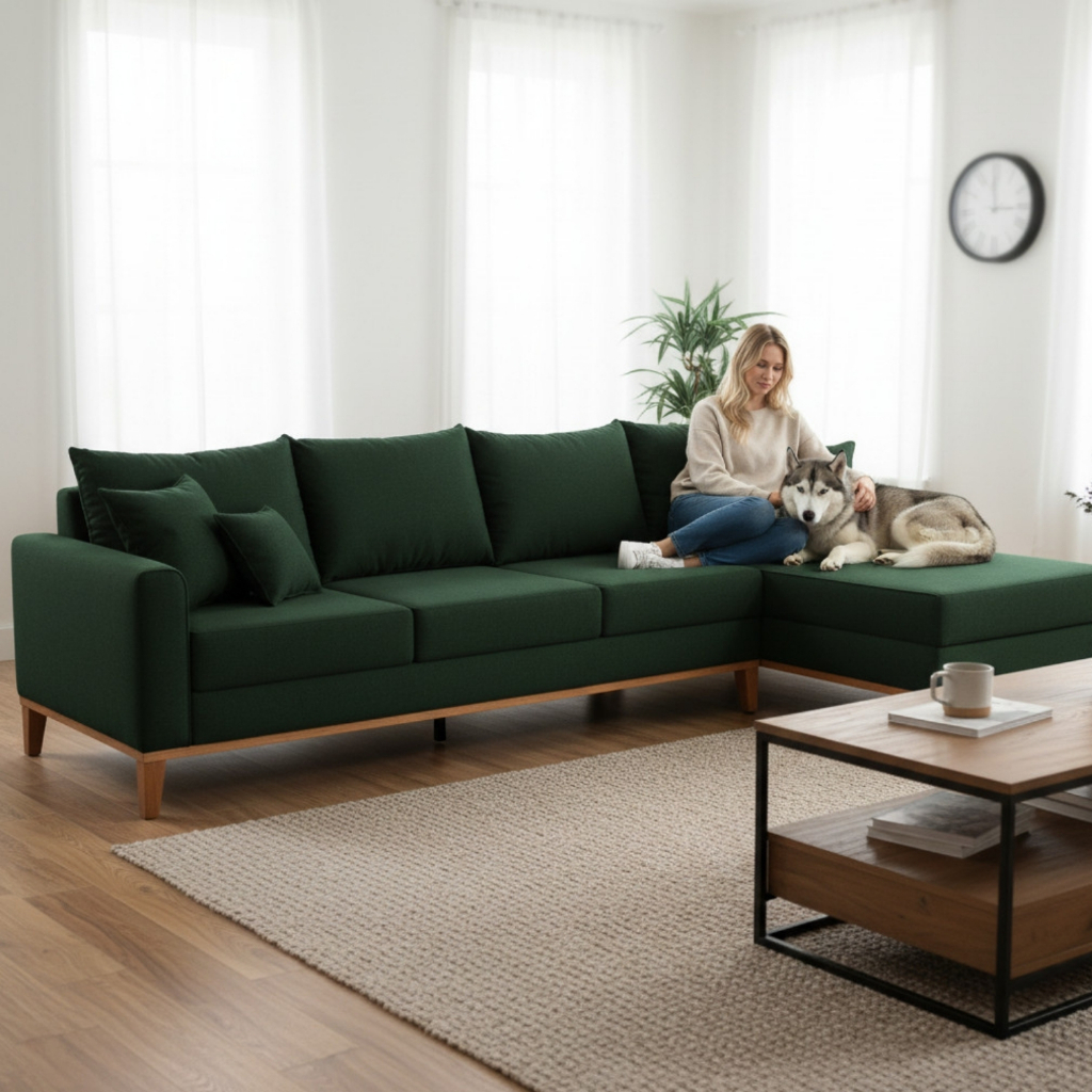 Sofá 4 Lugares Beny com Chaise Direito Suede Verde