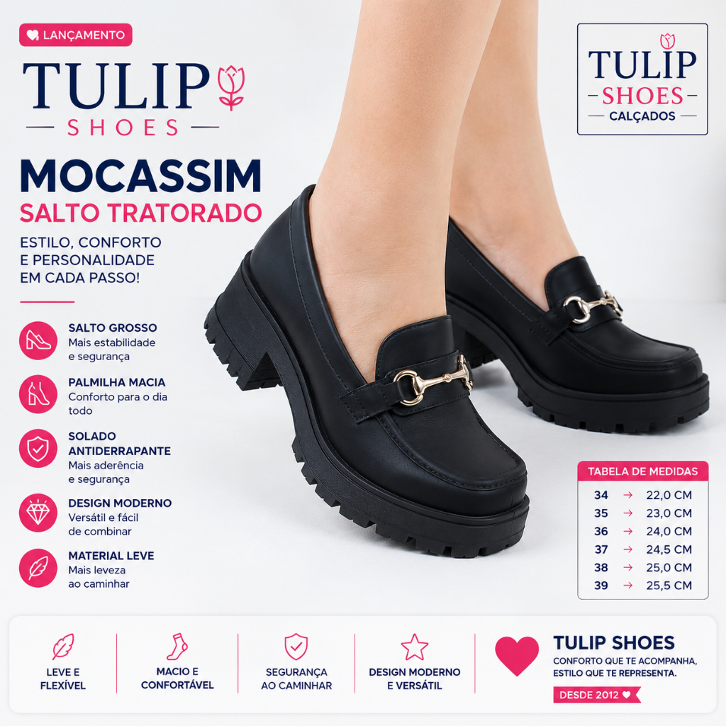 Sapato feminino Mocassim Feminino Preto Tratorado Moderno Elegante Casual