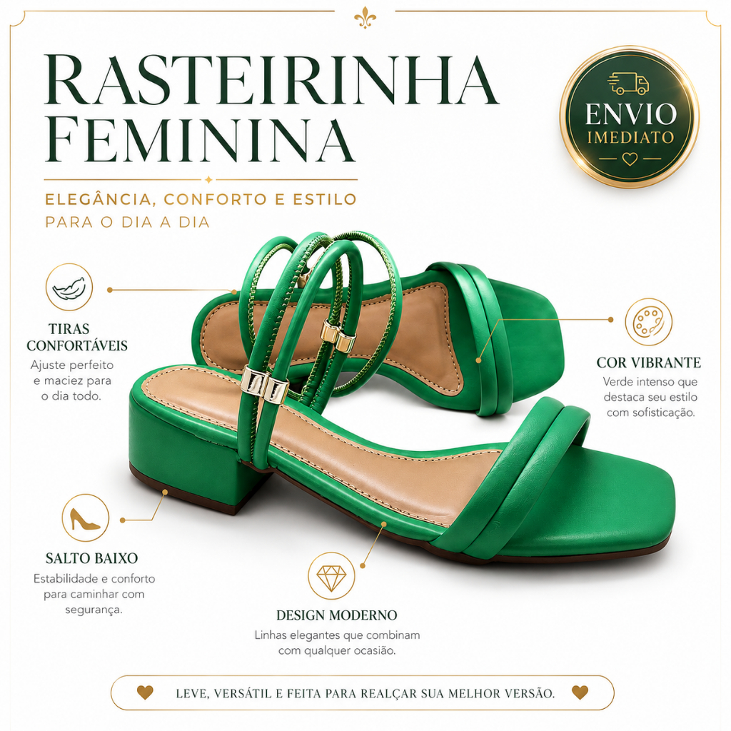 Rasteirinha Feminina Salto Baixo Conforto Dia A Dia Design Moderno Verde Envio Imediato