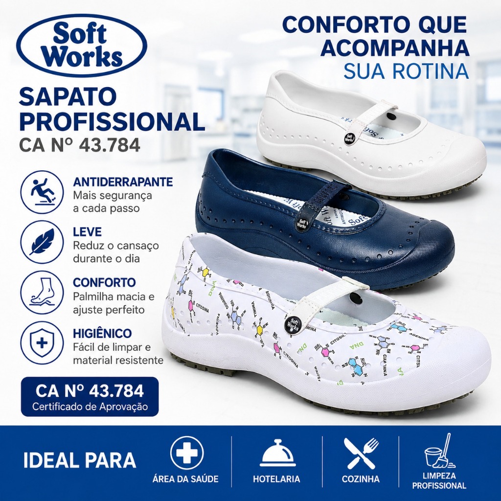 Sapatilha Antiderrapante Soft Works Feminina Profissional Enfermagem Cozinha Hospital Confortável Leve