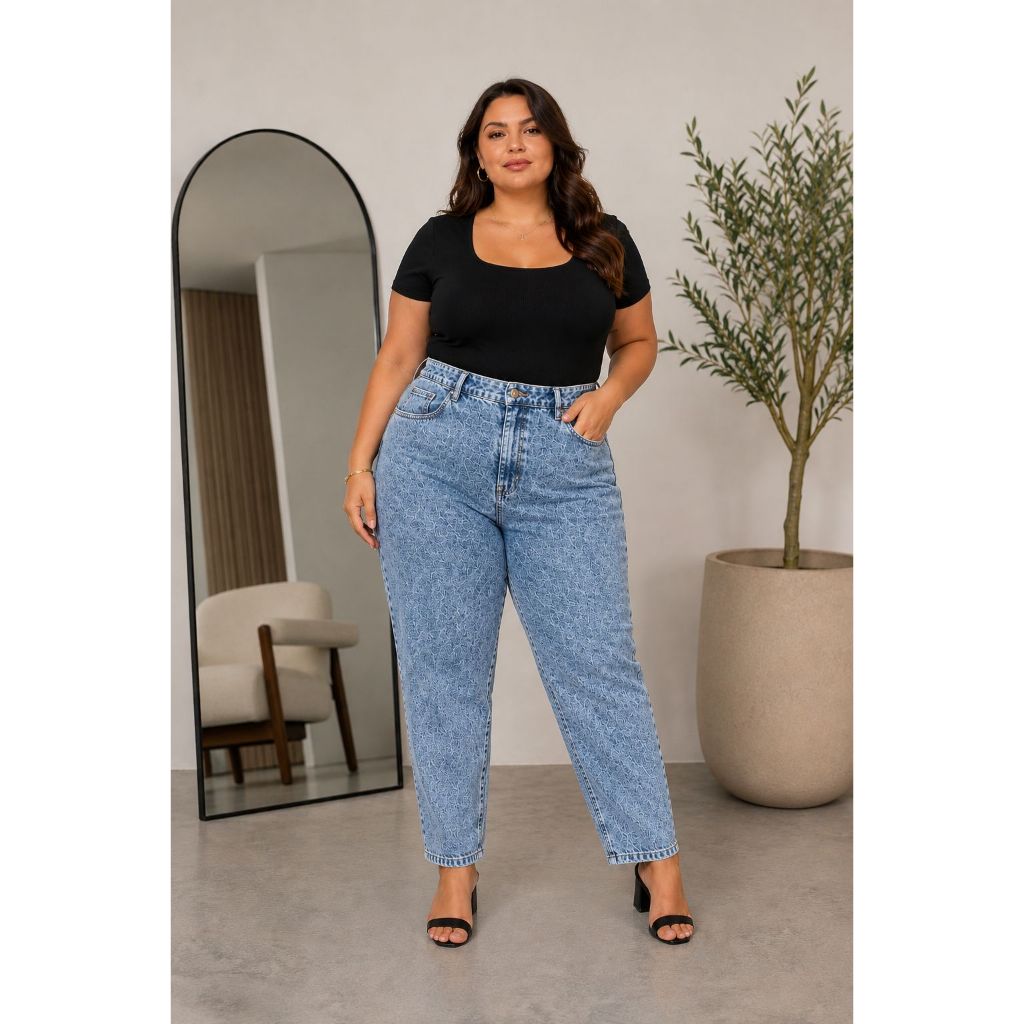 Calça Jeans Mom Plus Size Feminina com Modelagem Mom e Cintura Alta Com Elastico no Cós