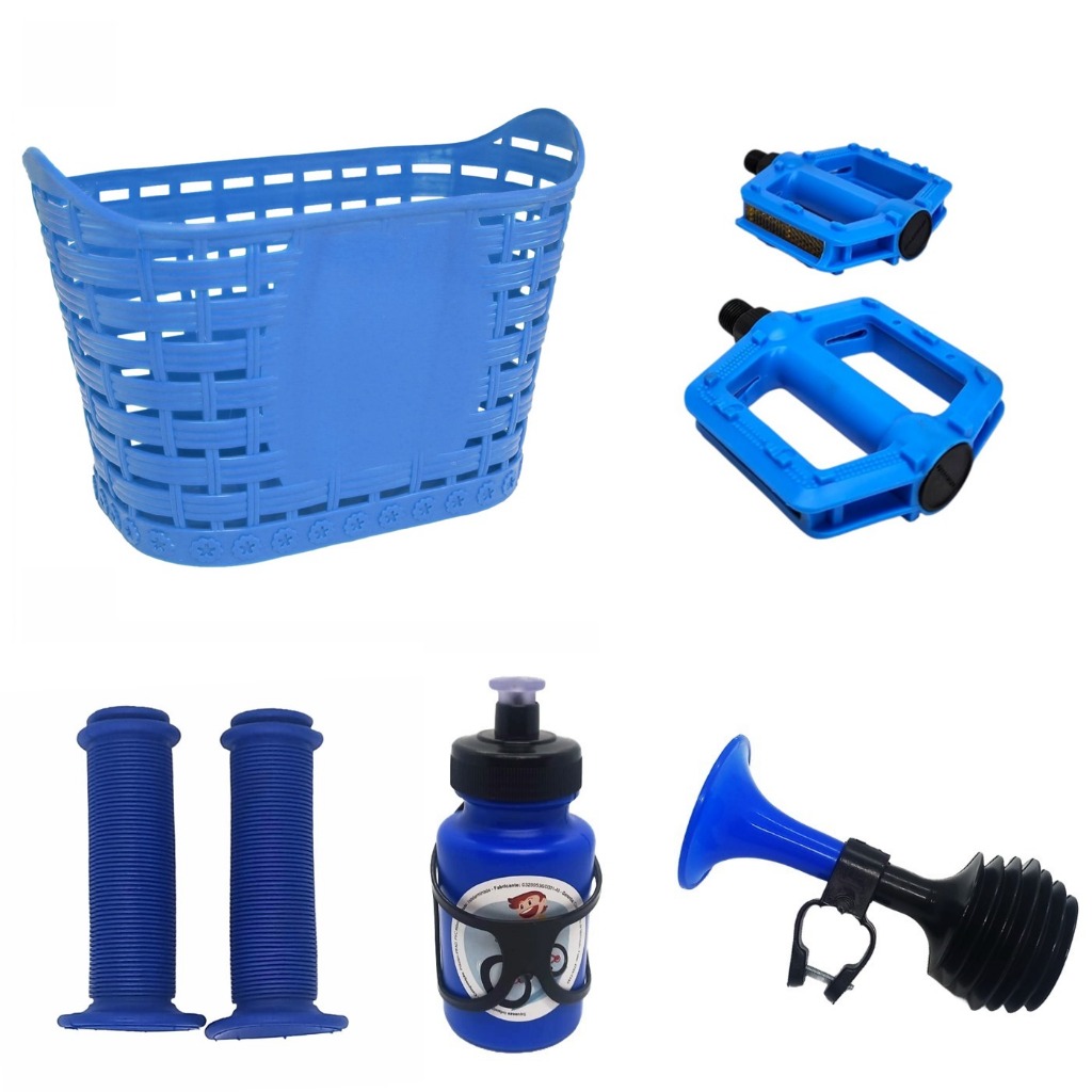 Kit Acessórios Bicicleta Infantil Cesta Buzina Garrafa Manopla e Pedal Plataforma Aro 14/16 Bike