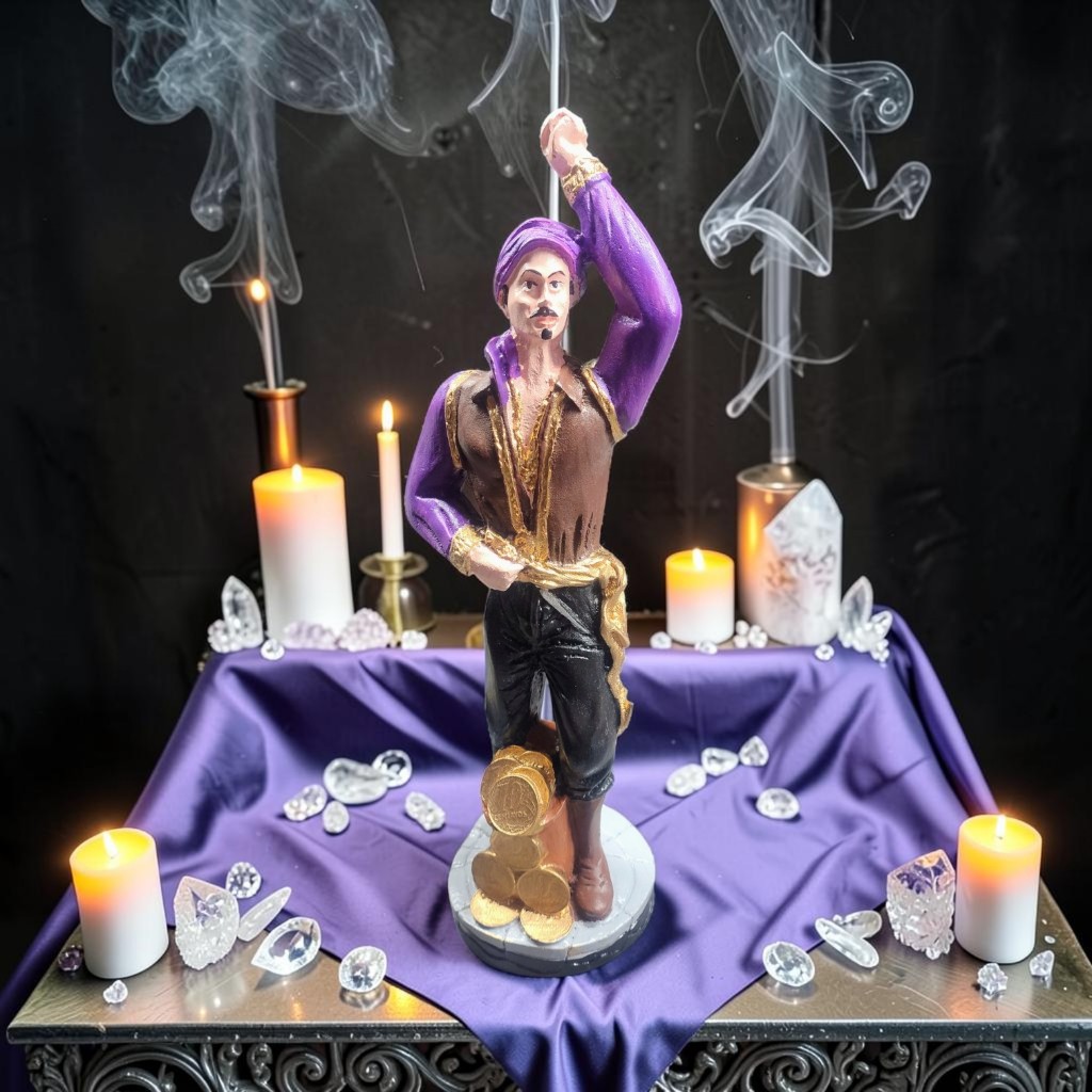 Estátua Cigano Lilás Cura Espiritual em Resina 27cm – Imagem Espiritual Decorativa