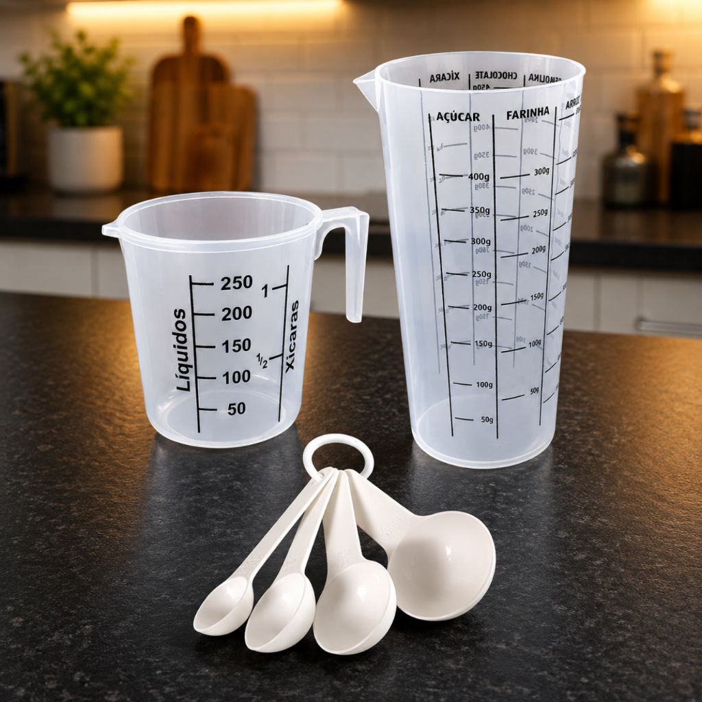 Kit Medidores Culinário 6 Peças Copo 500ml + Jarra 250ml + 4 Colheres casa Cozinha Decoração e Confeitaria para seu Lar