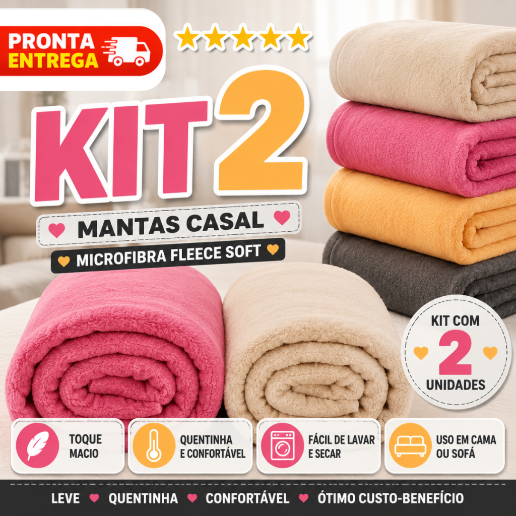 Kit 2 Mantinha Cobertor Manta Casal 2,00m x 1,80m Microfibra Fleece Soft Lisa Inverno (Kit 1, Kit 2 ou Kit 3)