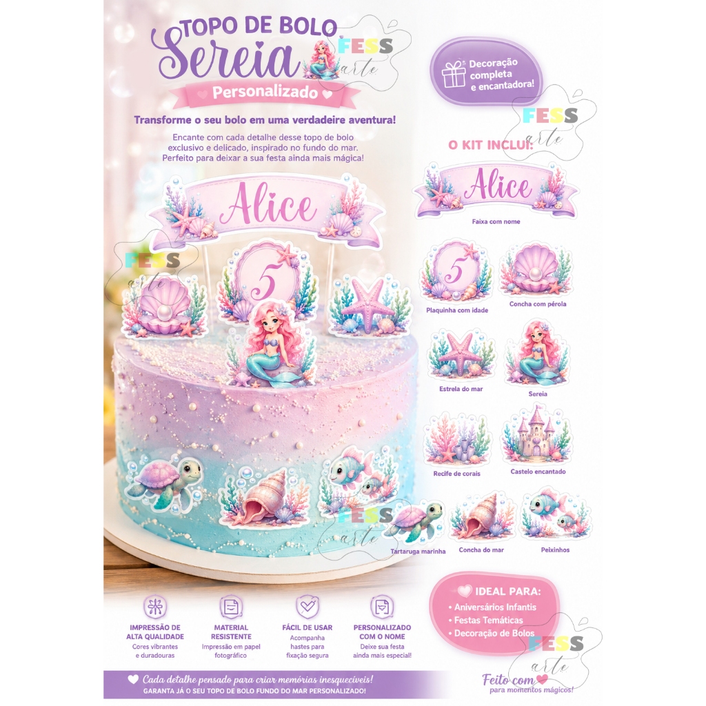 topo de bolo sereia 10 peças personalizado mesversário nome idade decoração jardim revelação barato