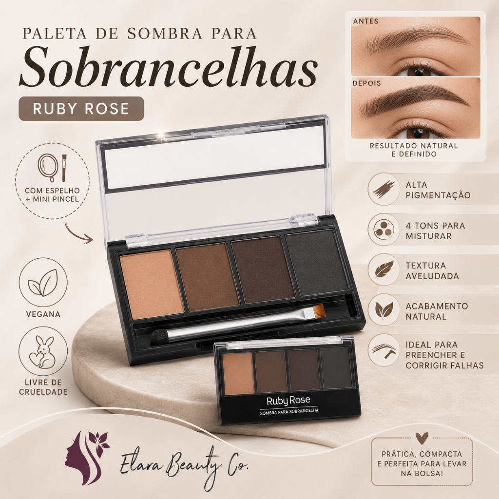 Paleta Sobrancelhas Ruby Rose 4 Cores Quarteto com Pincel e Espelho