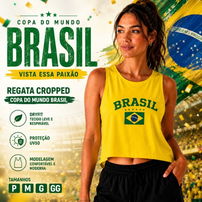 Cropped Feminino Brasil Dryfit UV50 Regata Academia Fitness Copa do Mundo Cropped Feminino Amarelo Brasil