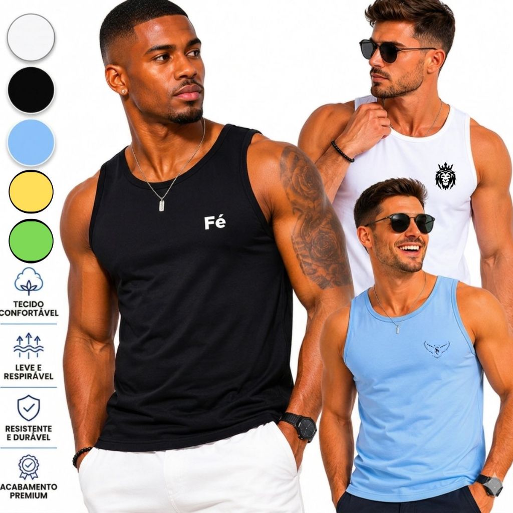 kit 3 camisetas regata masculina 100% Algodão Premium Estampa Cores Variadas