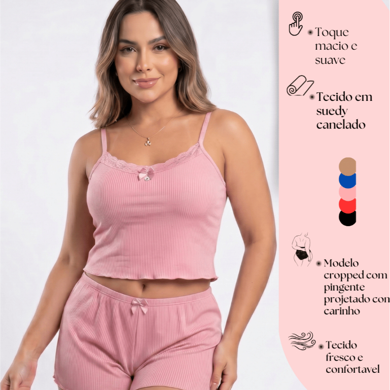 Baby Doll Feminino Confortável Alças Ajustáveis Canelado com Renda Delicada Pijama Curto Premium Macio