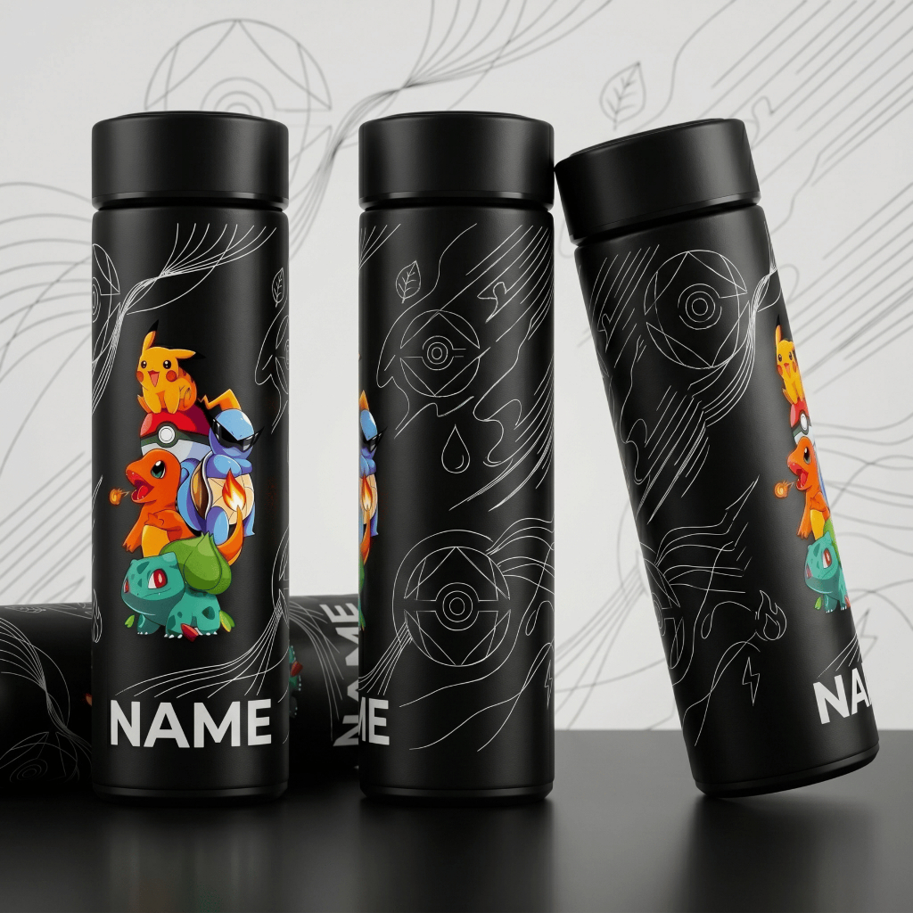 Garrafa Térmica Pokémon Personalizada Com Nome - Gravação Laser - 360° - 500ml - Inox Inteligente Termômetro Digital