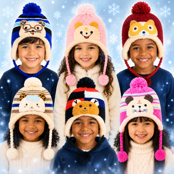 Touca Gorro de Lã Infantil Forrada com Pelúcia Com Pompoms Tiras para Amarrar 3 a 10 Anos Bebe Crian