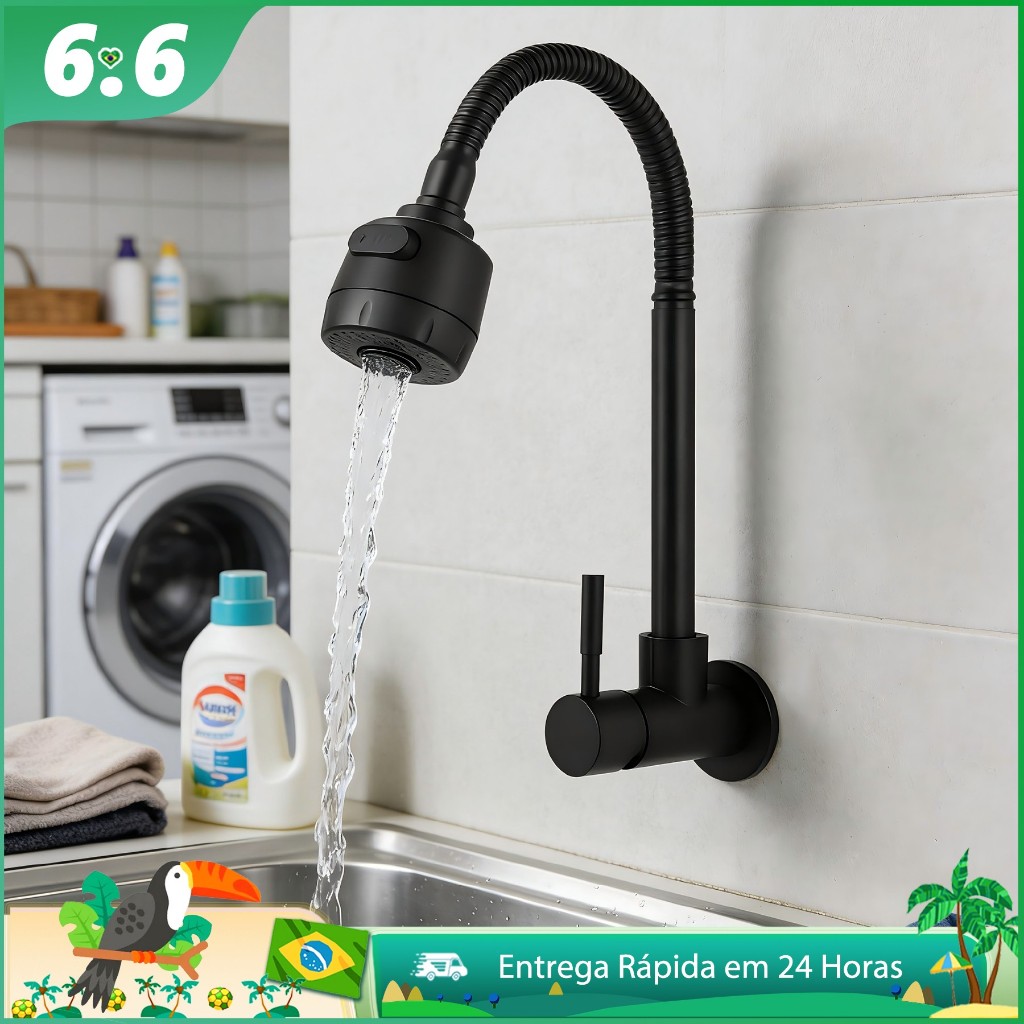 Torneira Gourmet Parede Cozinha Flexível Preta Silicone 360° 2 Jatos Luxo Pronta Entrega