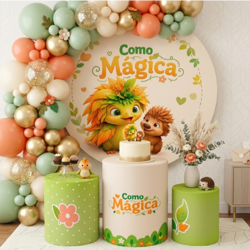 Kit Capas Painel Redondo + Cilindros Tema Como Mágica Decoração Festa Desenho Infantil