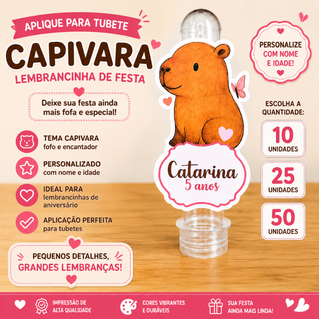 Aplique para Tubete Capivara Personalizado Com Nome e Idade Lembrancinha Festa Infantil