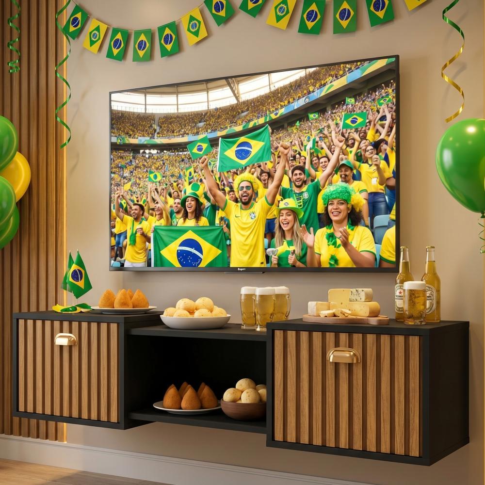 Rack Suspenso Home Tv 32 42 50" 1 Porta Puxador Concha Decoração Sala Estar Quarto Pequeno Lojas RPM